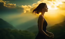 woman standing in front of sun with mountain landscape