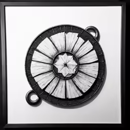 a framed picture of an antique wheel