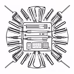 the old radio is surrounded by other electronic equipment,this is a very large circular drawing of some electronic devices