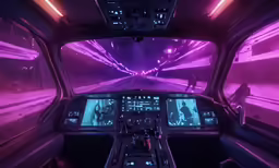 a plane cockpit with lots of purple lighting on it