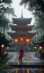 a person in a red coat is walking towards an asian style building