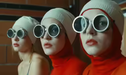 three woman in a group of fake goggles and hats