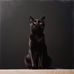 a black cat sits on a surface with its eyes open