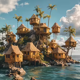 some huts built into an island by the ocean