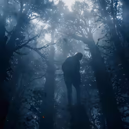 the silhouette of a person standing on a tree