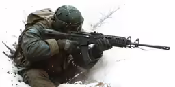 a soldier with a gun is in the snow