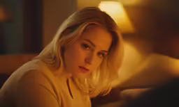 a woman is looking down in front of a candle
