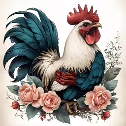 the rooster is standing in the middle of the flowers