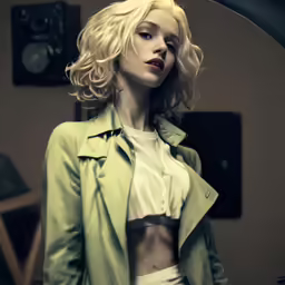 a beautiful blond woman wearing a green suit with a pair of scissors