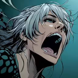 a girl that is wearing a polka dot shirt with her mouth open