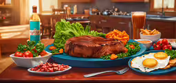 a table with many plates and food, each with meat and veggies,a picture of a well - balanced steak in a kitchen