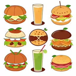 a bunch of food that is on a white background,an image of fast food and drink,an image of different food items in a flat style,hamburgers and hamburger glasses with a drink,some food items including a drink and hamburgers