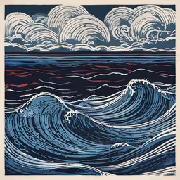 an ocean wave with blue, red and white streaks,an illustration of a large wave in the ocean