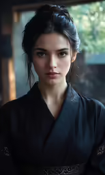 the young female in a black kimono is posing for a photo
