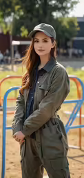 a young woman in a park wearing an army uniform