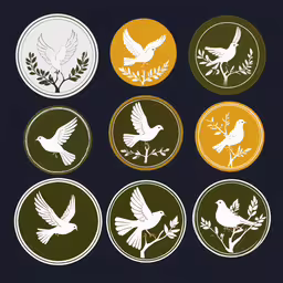 a bunch of different birds and leaves,six doves, with white leaves and orange background