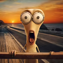 a cartoon character holding a wooden board with a surprised expression
