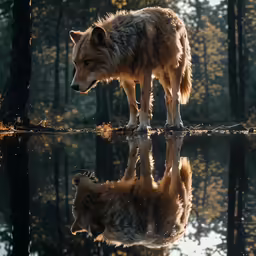 the wolf standing next to the lake has his reflection in the water