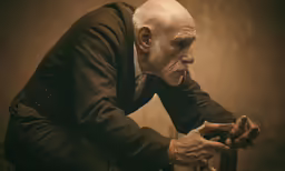 an old man with long white hair sitting and holding a pipe