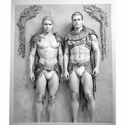a black and white photo of two men wearing elaborate outfits