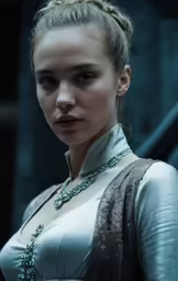woman in elegant gown with braid on top and long sleeves