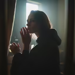 a woman praying with her hands in front of her