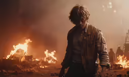a man in front of a burning area