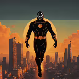 an animated artwork featuring a man dressed in black and gold on a sunset cityscape,an illustration of a man in a space suit walking down a city street