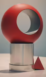 red sphere sculpture sitting on top of a silver base