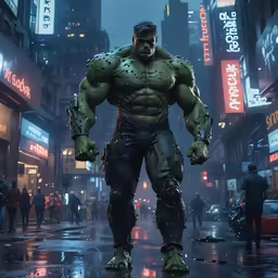 an image of the hulk in street scene in a city
