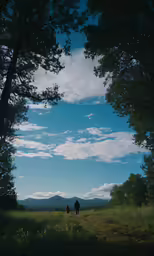 a couple walking through a forest under a blue sky