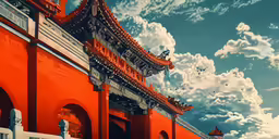 the building is orange and there are many white clouds