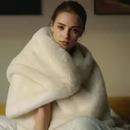 the girl is sitting on her bed wrapped in a white shawl