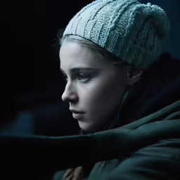 a woman wearing a beanie looking at something