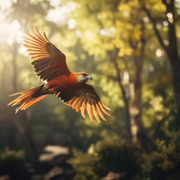 a red bird flying low over the woods