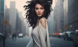 an attractive woman posing in the middle of the street