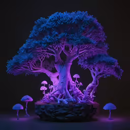 some blue and purple mushrooms growing around a tree