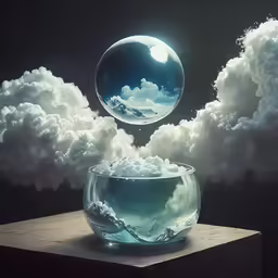 a bowl with clouds floating out and a glass bowl with water below it