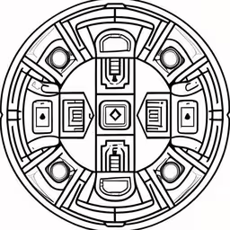 a black and white drawing of a circular design,a round object with many faces in it,a black and white circular design made out of squares,a circular design with an abstract design inside,this is the pattern to decorate the wall