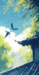 birds fly around a roof in a scene from the last part of spirited film