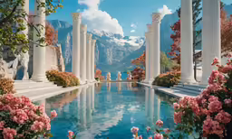 a fountain surrounded by beautiful pink flowers and an obelisk