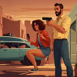 a man is taking a photo of a woman that has a gun,a woman is crouching down with a gun next to a man