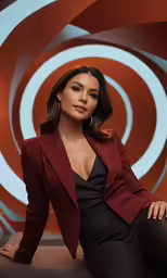 a woman in a black dress is sitting down
