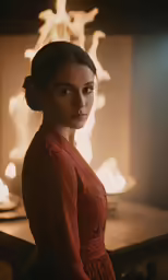 a woman wearing an orange dress and sitting down