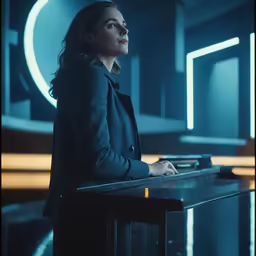 a woman in business attire stands near a table