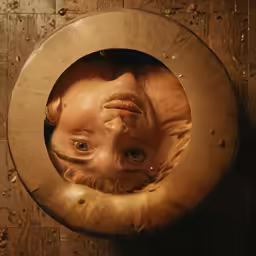 a woman is peeking out from behind an open lid