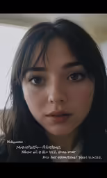 an asian female with brown eyes and bangs looks to the side