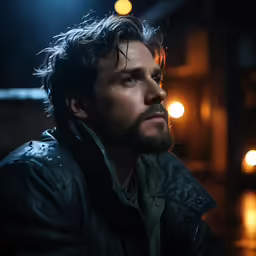 a young man with a goatee looks off into the distance