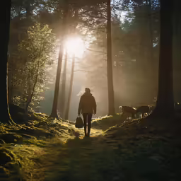 a person walking down a trail surrounded by trees and cows