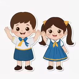 the boy and girl are waving their hands up